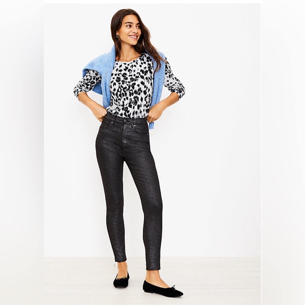 Loft Shimmer High Rise Skinny Jeans in Black Size 8